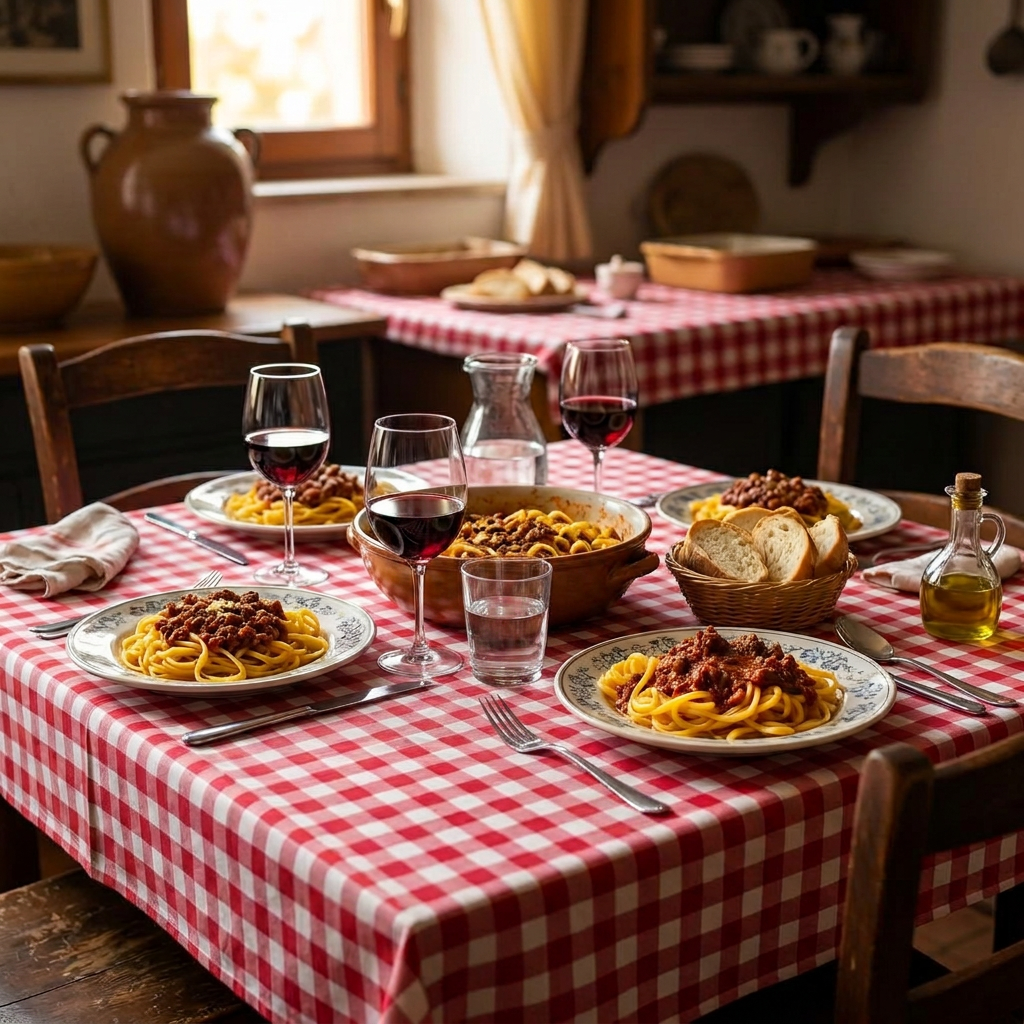 Rustikt bord dukat för fyra med tagliatelle al ragù, brödkorg och glas för både rött vin och vatten.