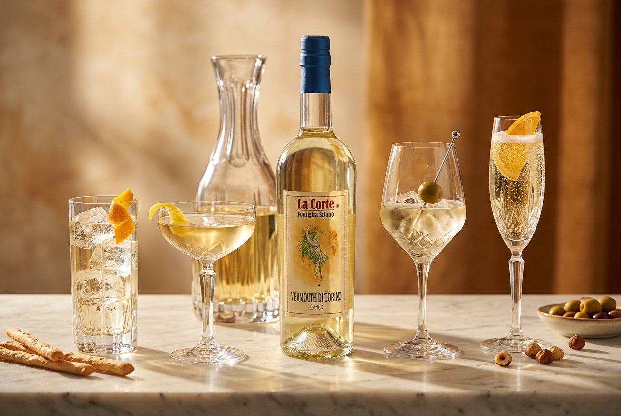 La Corte Vermouth di Torino Bianco med karaff, coupe, highball, vinglas med oliv och champagneflöjt på marmorbord.