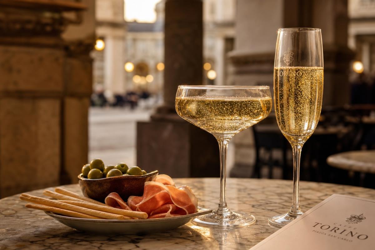 Ett festligt aperitivo-bord i Turin med gyllene spumante, grissini, prosciutto och oliver.