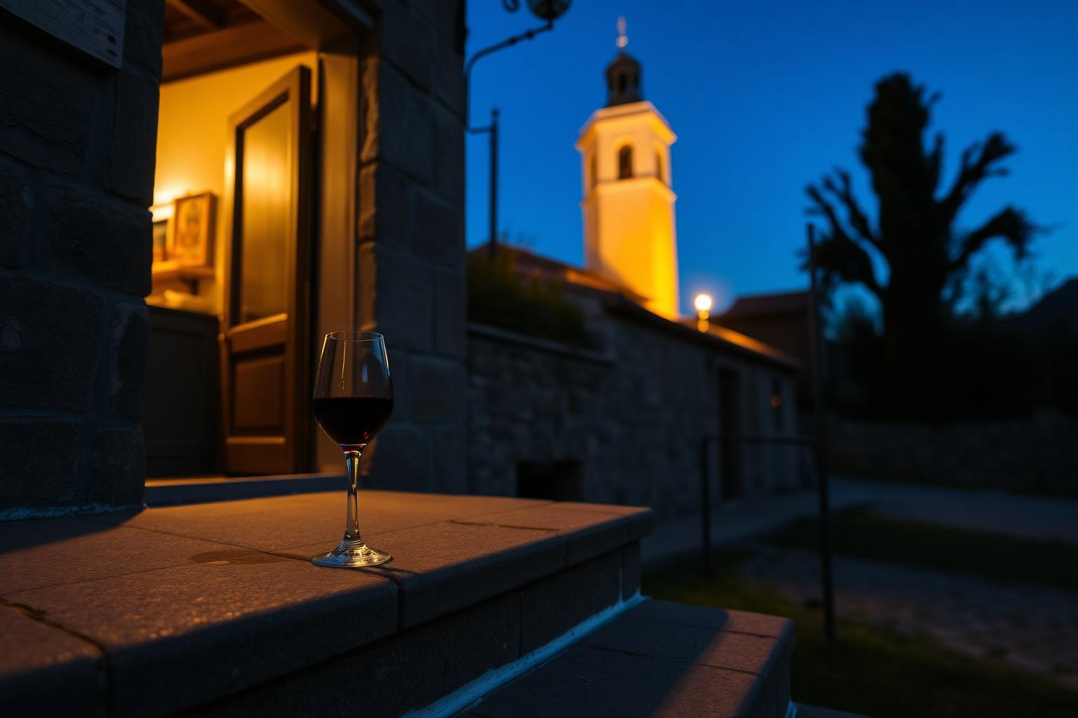 Kvällen tillåts pågå – ett glas Barbera på trappan.