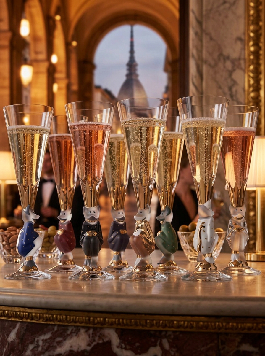 Orrefors Nobel champagneglas med färgade figurer, fyllda med vitt och rosé spumante, på ett festligt aperitivobord i Turin.